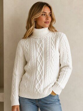 Croft & Barrow White Cable Knit Turtleneck Sweater Size Medium